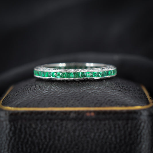 Art Deco Style 0.70ct Emerald Platinum Full Eternity Wedding Band Ring