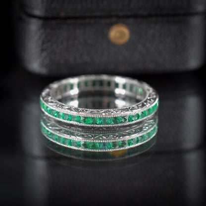 Art Deco Style 0.60ct Emerald Platinum Full Eternity Wedding Band Ring