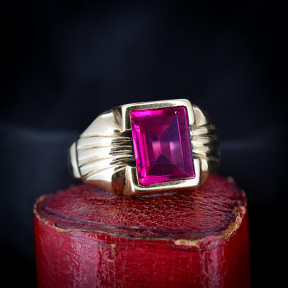 Art Deco Synthetic Ruby 10ct 10K Yellow Gold Signet Ring | c.1920