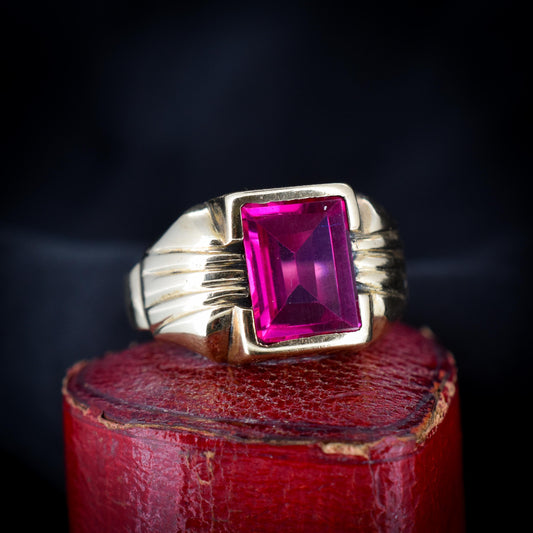 Art Deco Synthetic Ruby 10ct 10K Yellow Gold Signet Ring | c.1920