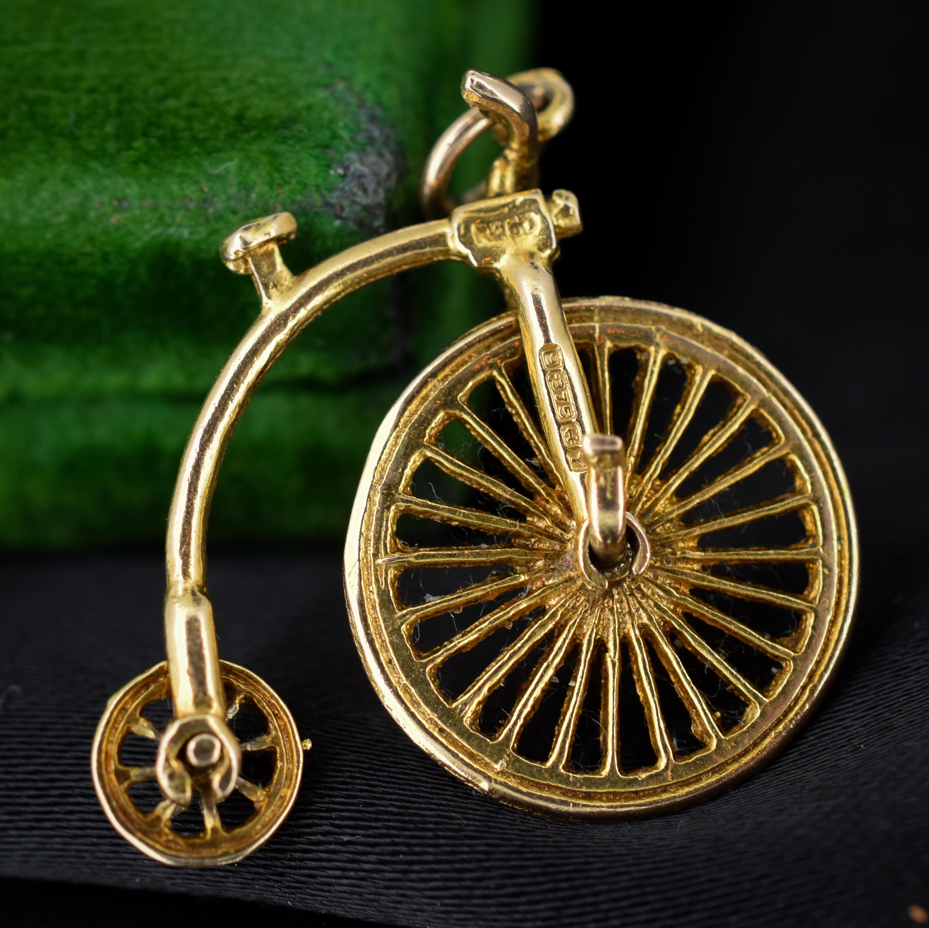 Vintage High Wheel Penny Farthing Bicycle 9ct Gold Charm Pendant Dat Lancastrian Jewellers