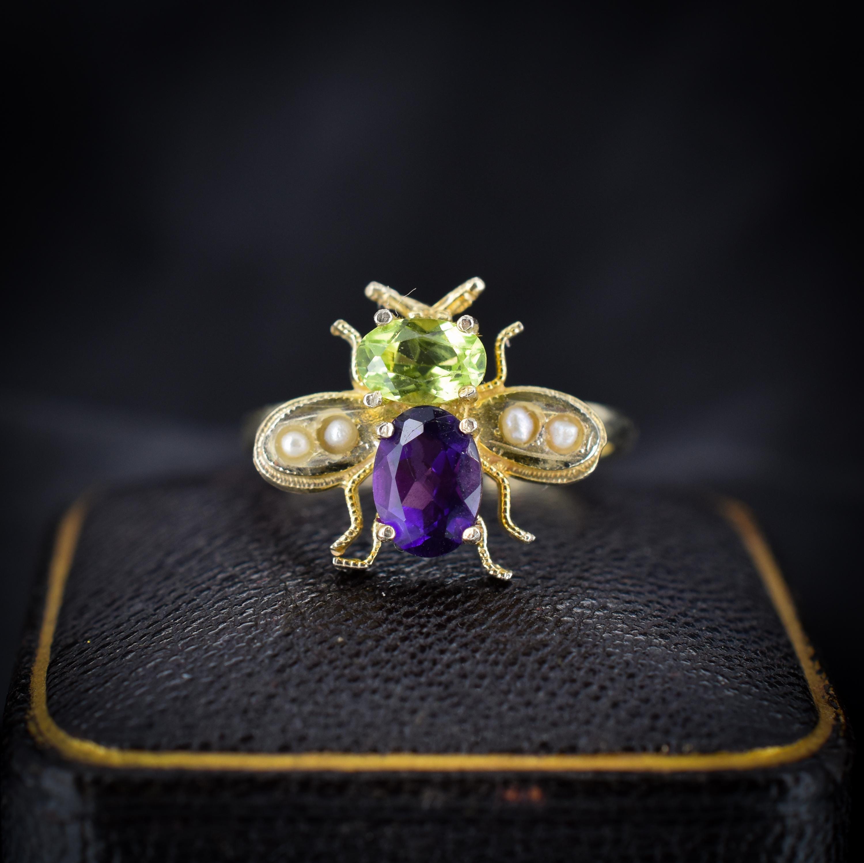 Amethyst Peridot and Pearl Insect Bee 18ct Yellow Gold on Silver Ring Suffragette Colours
