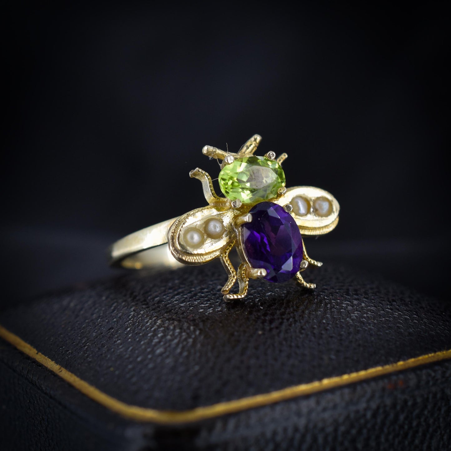 Amethyst Peridot and Pearl Insect Bee 18ct Yellow Gold on Silver Ring | Suffragette Colours