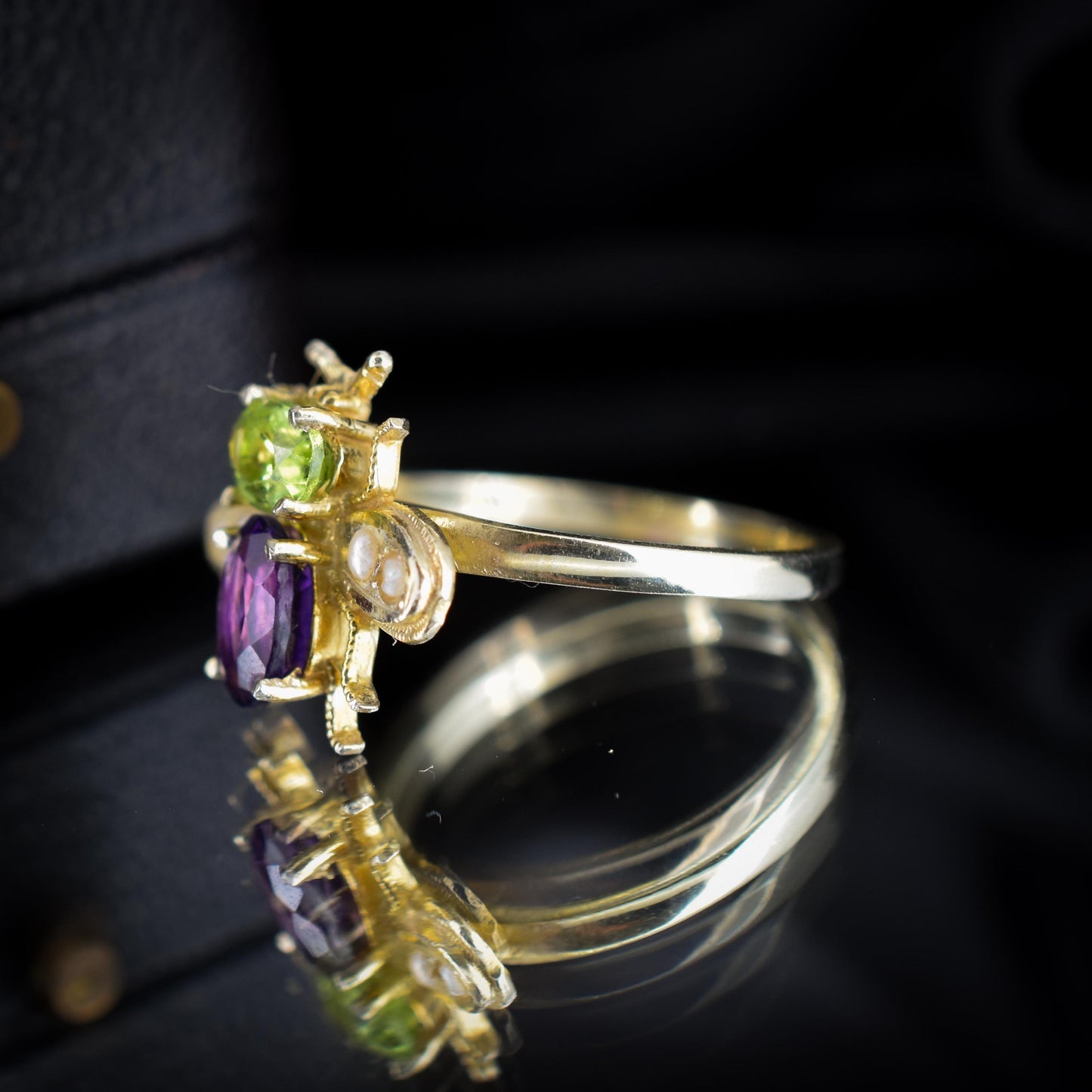 Amethyst Peridot and Pearl Insect Bee 18ct Yellow Gold on Silver Ring | Suffragette Colours