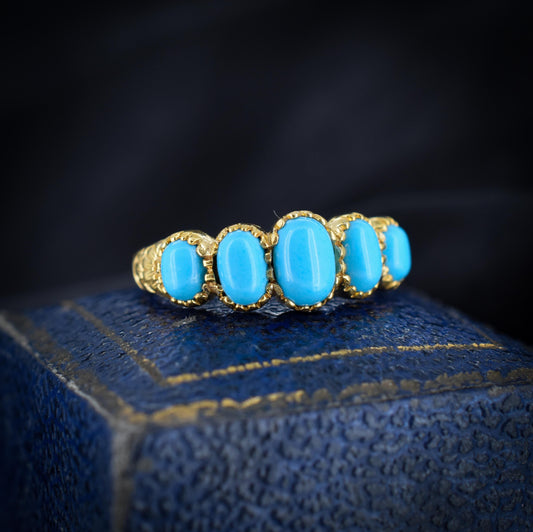 Turquoise Five Stone 18ct Gold on Silver Ring | Antique Georgian Style