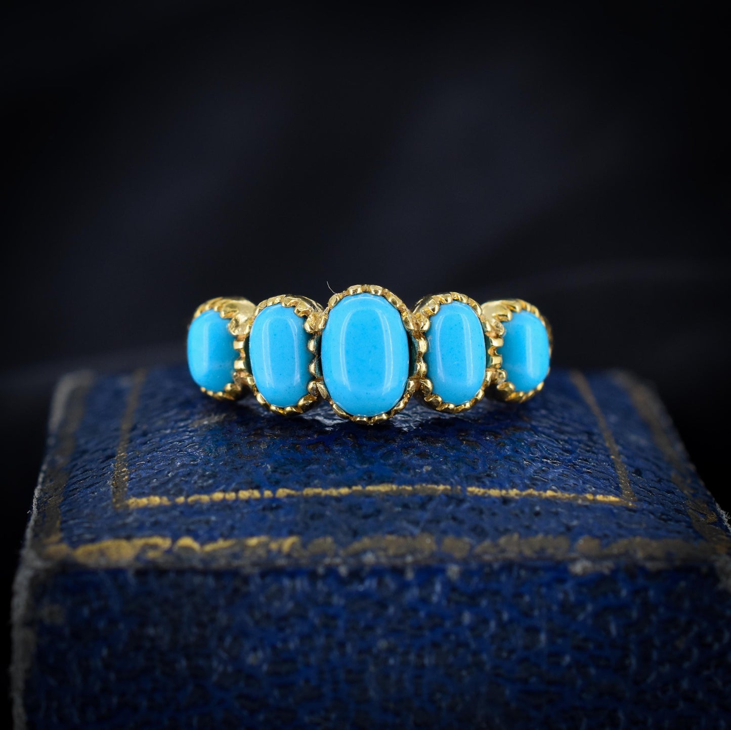 Turquoise Five Stone 18ct Gold on Silver Ring | Antique Georgian Style