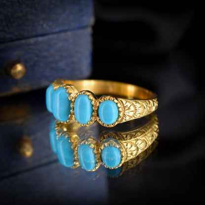 Turquoise Five Stone 18ct Gold on Silver Ring | Antique Georgian Style