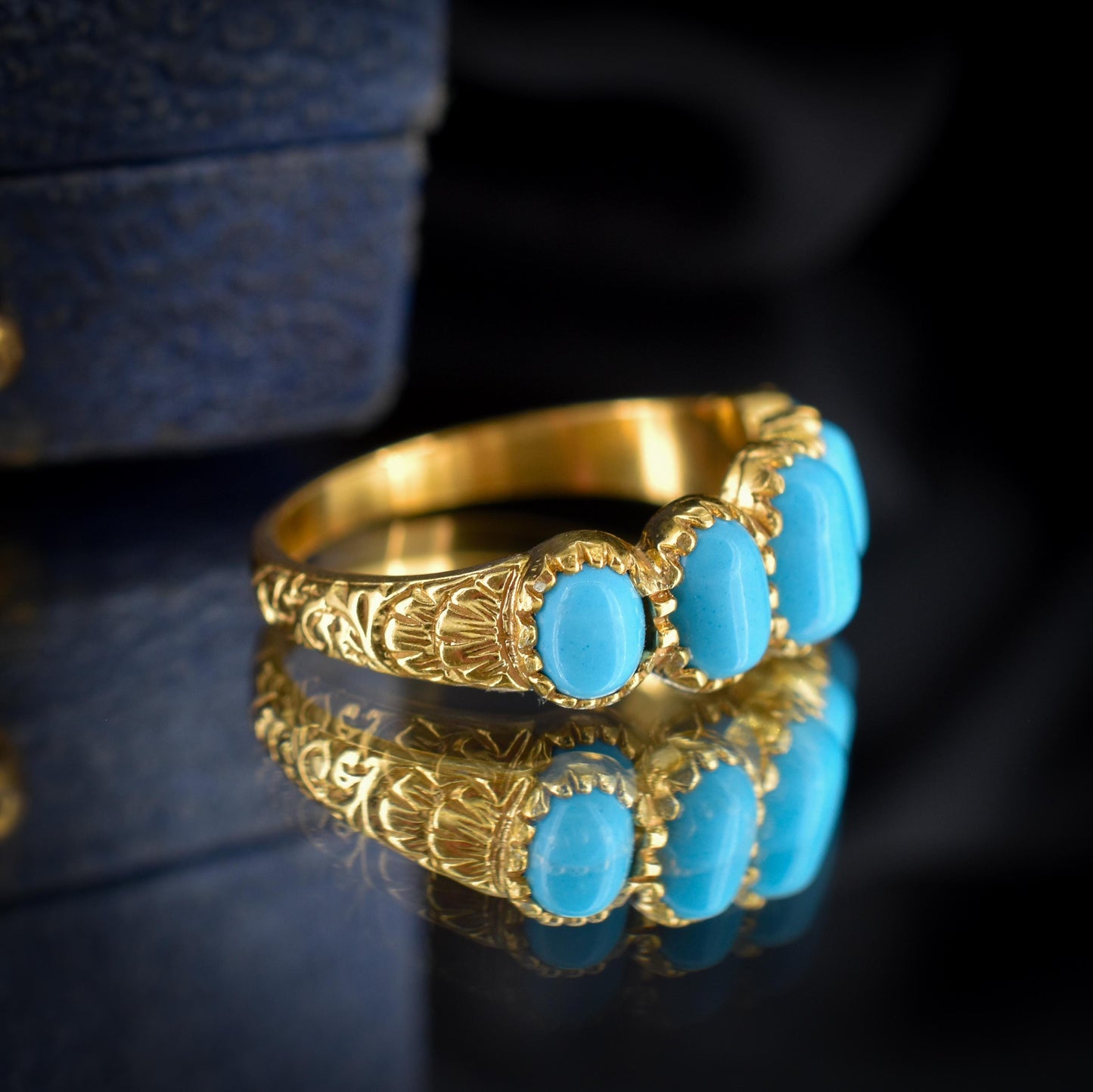 Turquoise Five Stone 18ct Gold on Silver Ring | Antique Georgian Style