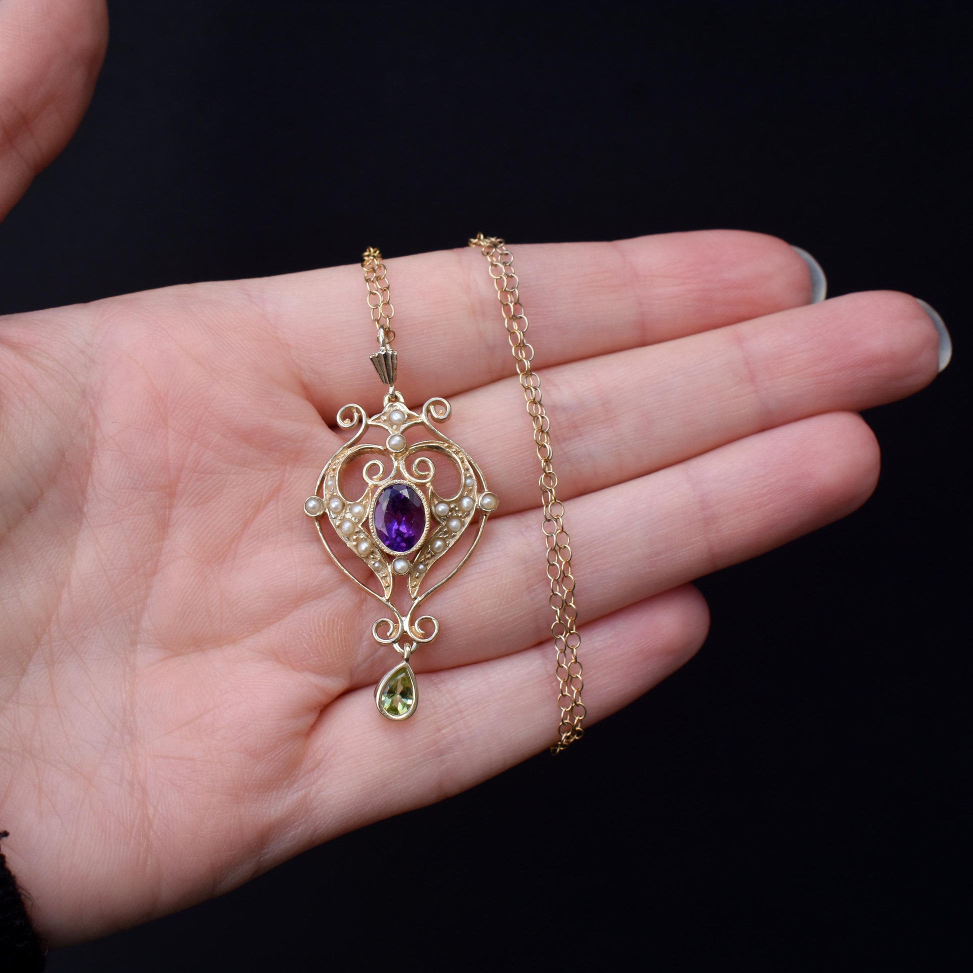 Amethyst Peridot and Pearl Lavalier 9ct Gold Pendant Necklace | Antique Suffragette Style