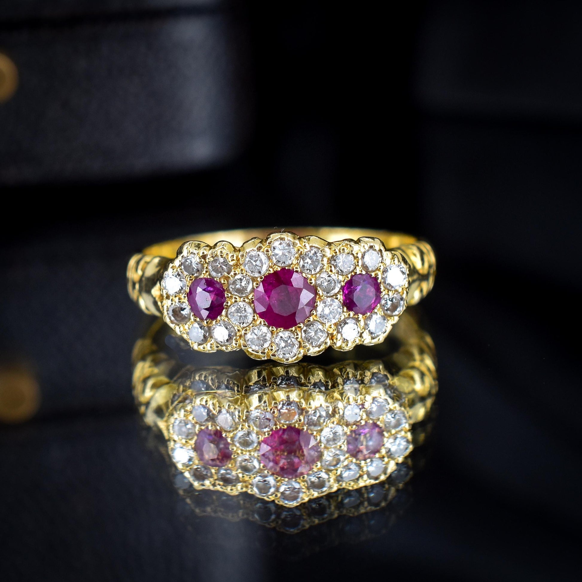 Antique Ruby and Diamond Triple Cluster 18ct Yellow Gold Ring