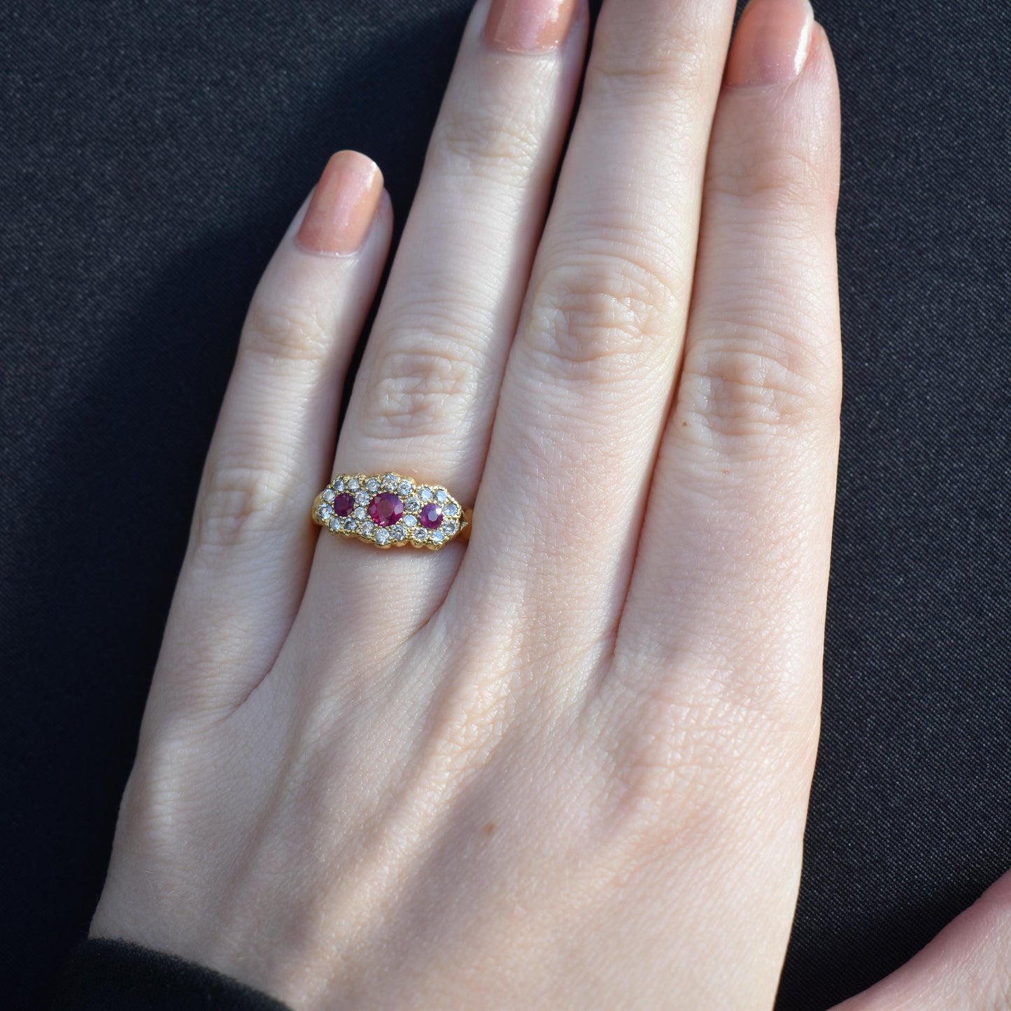 Antique Ruby and Diamond Triple Cluster 18ct Yellow Gold Ring