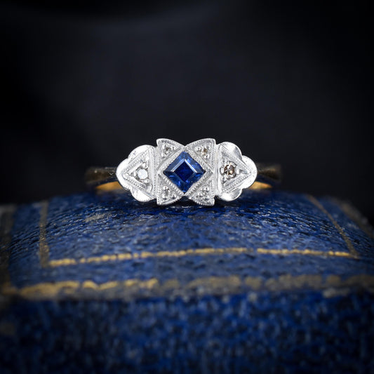 Art Deco Blue Sapphire and Diamond 18ct Yellow Gold and Platinum Ring | Antique