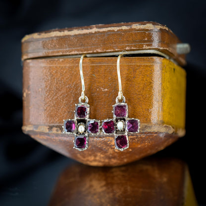 Antique Georgian Flat Cut Garnet and Pearl 9ct Gold Drop Earrings