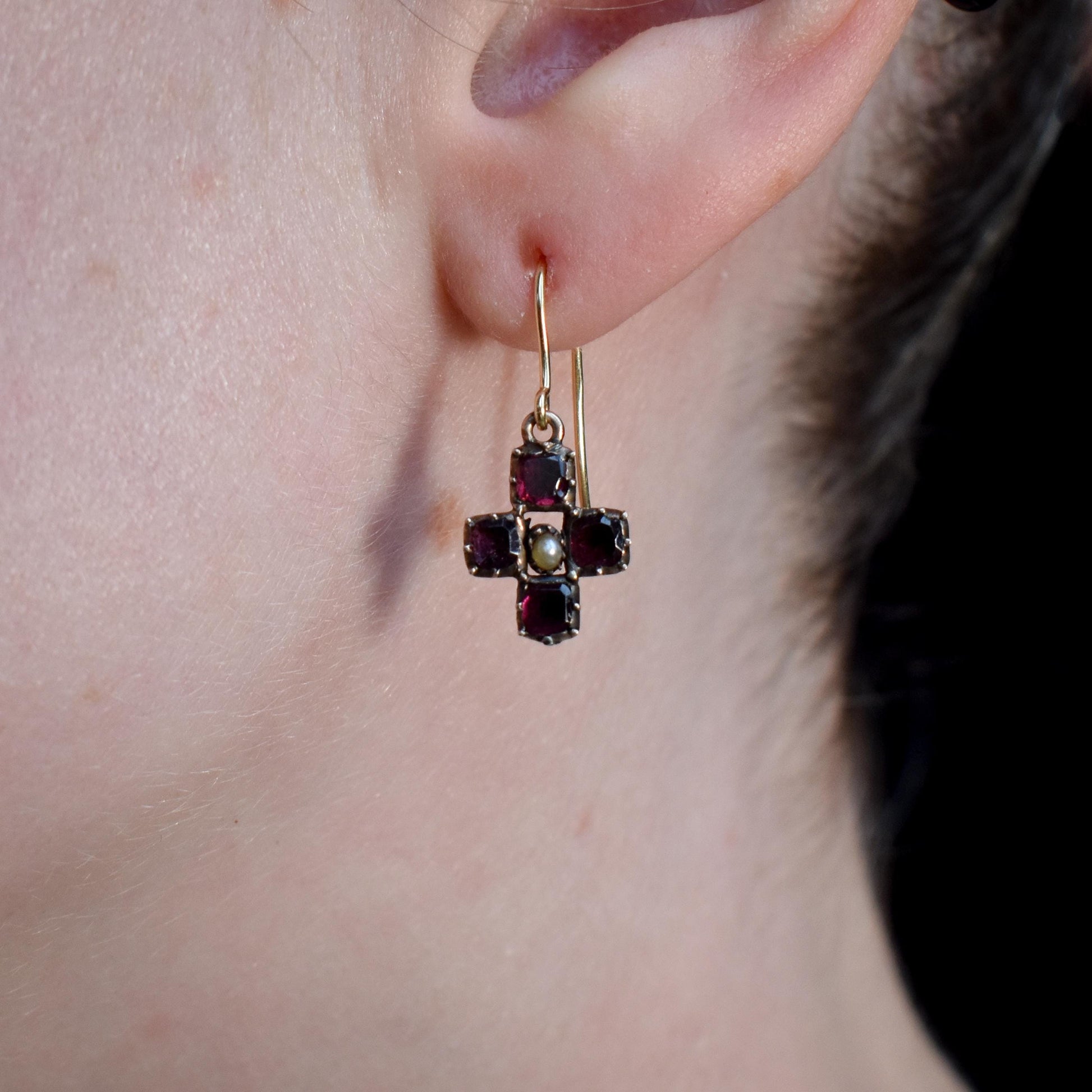 Antique Georgian Flat Cut Garnet and Pearl 9ct Gold Drop Earrings