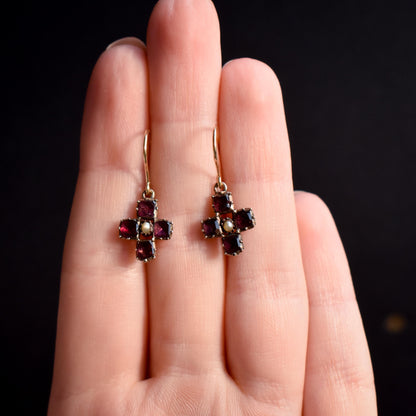 Antique Georgian Flat Cut Garnet and Pearl 9ct Gold Drop Earrings