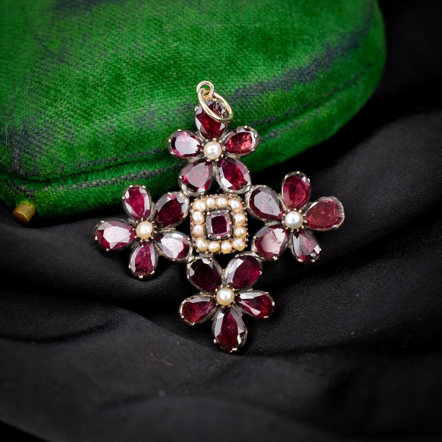 Antique Georgian Flat Cut Garnet Pansy Pearl Gold Pendant