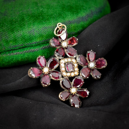 Antique Georgian Flat Cut Garnet Pansy Pearl Gold Pendant