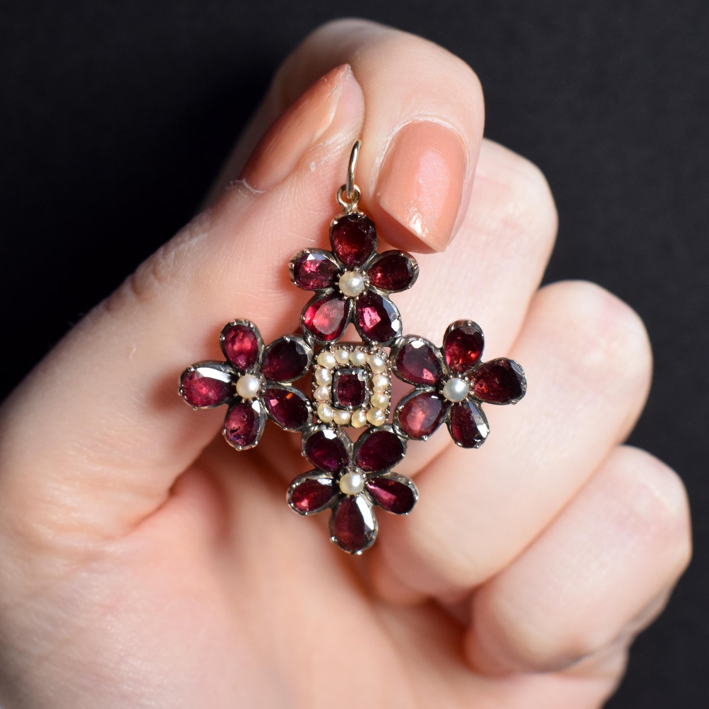 Antique Georgian Flat Cut Garnet Pansy Pearl Gold Pendant