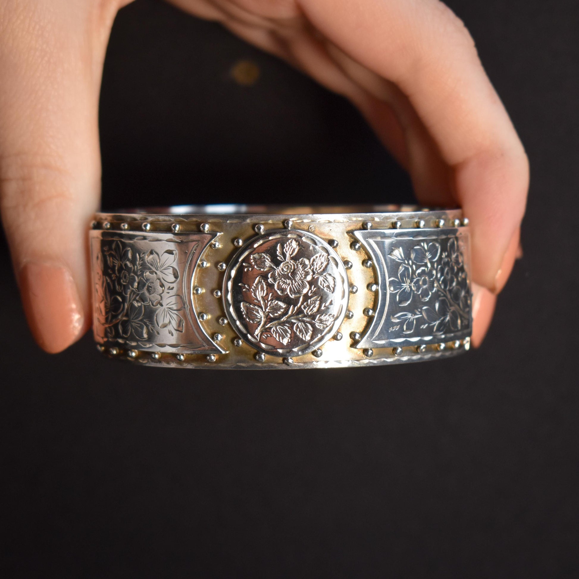 Antique Victorian Sterling Silver Floral Studded Bangle Bracelet