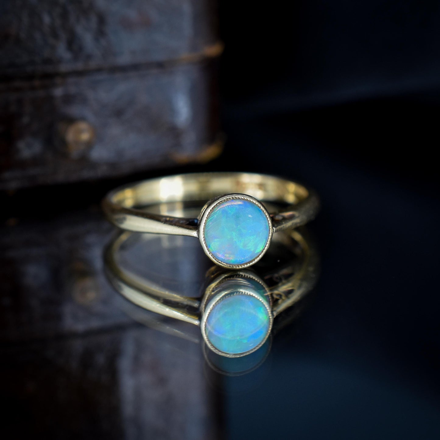 Antique Colourful Natural Opal Round Bezel Solitaire 18ct Yellow Gold Ring