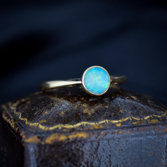 Antique Colourful Natural Opal Round Bezel Solitaire 18ct Yellow Gold Ring