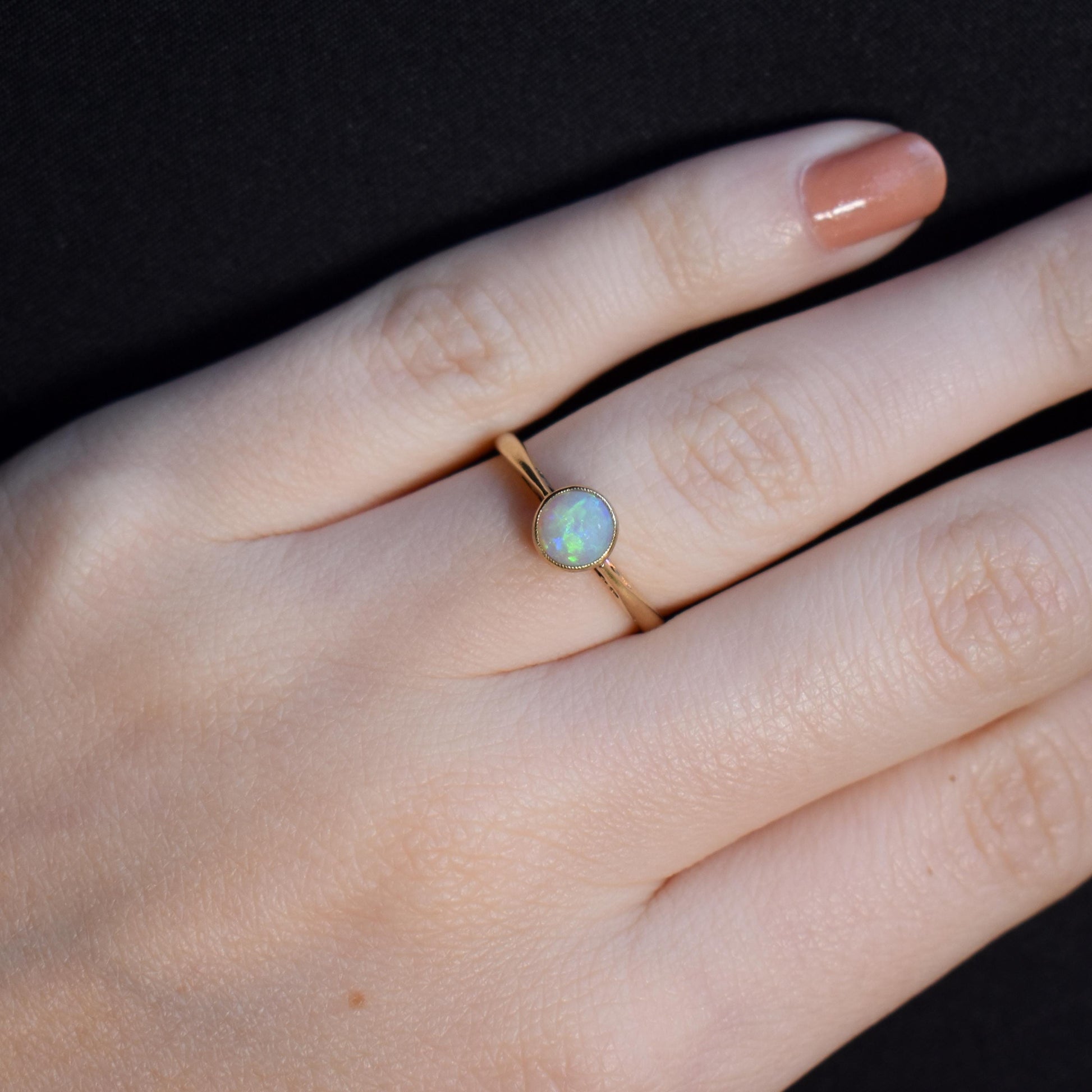 Antique Colourful Natural Opal Round Bezel Solitaire 18ct Yellow Gold Ring