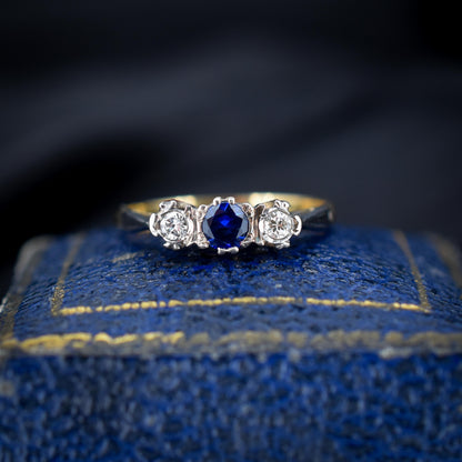 Vintage Sapphire and Diamond 18ct Yellow Gold and Platinum Three Stone Ring