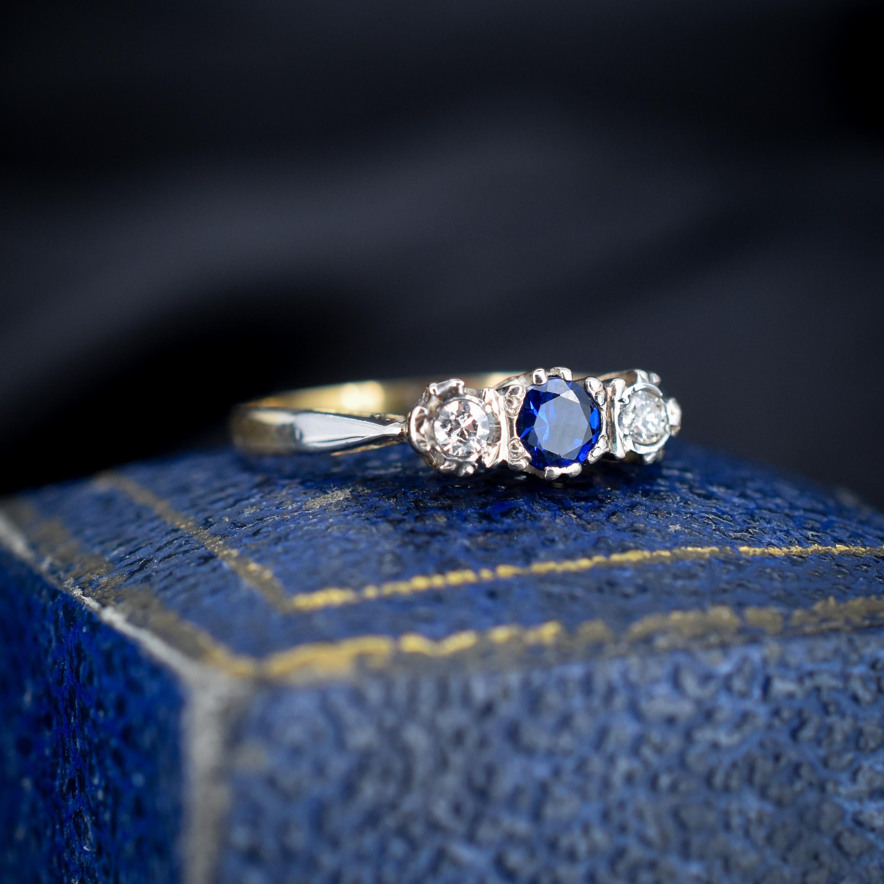 Vintage Sapphire and Diamond 18ct Yellow Gold and Platinum Three Stone Lancastrian Jewellers