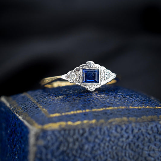 Art Deco Blue Sapphire and Diamond 18ct Yellow Gold and Platinum Ring | Antique