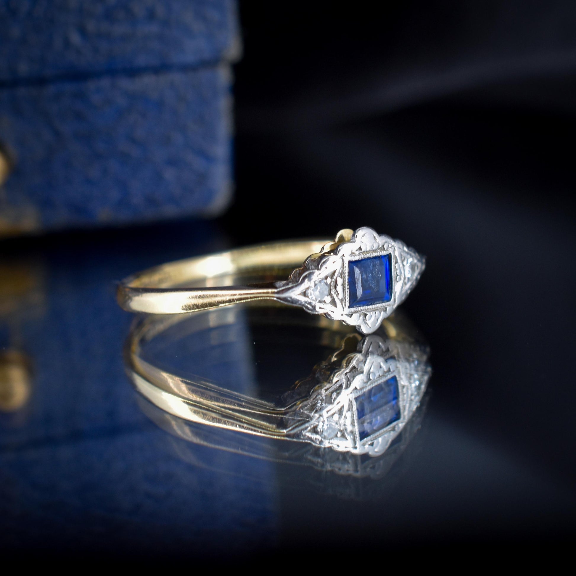 Art Deco Blue Sapphire and Diamond 18ct Yellow Gold and Platinum Ring | Antique