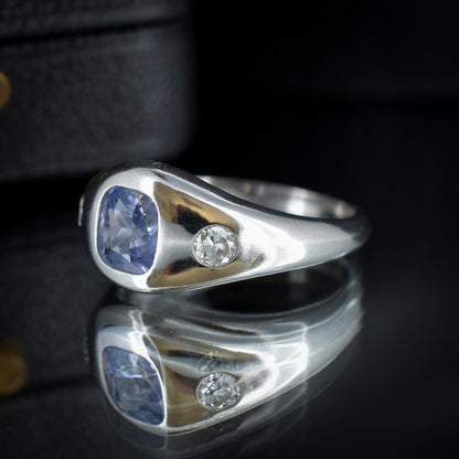 Certified Ceylon Sapphire and Diamond Three Stone Platinum Band Ring