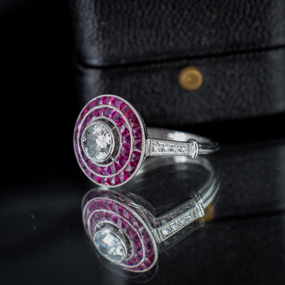 Art Deco Style Ruby and Old Cut Diamond Platinum Target Halo Ring