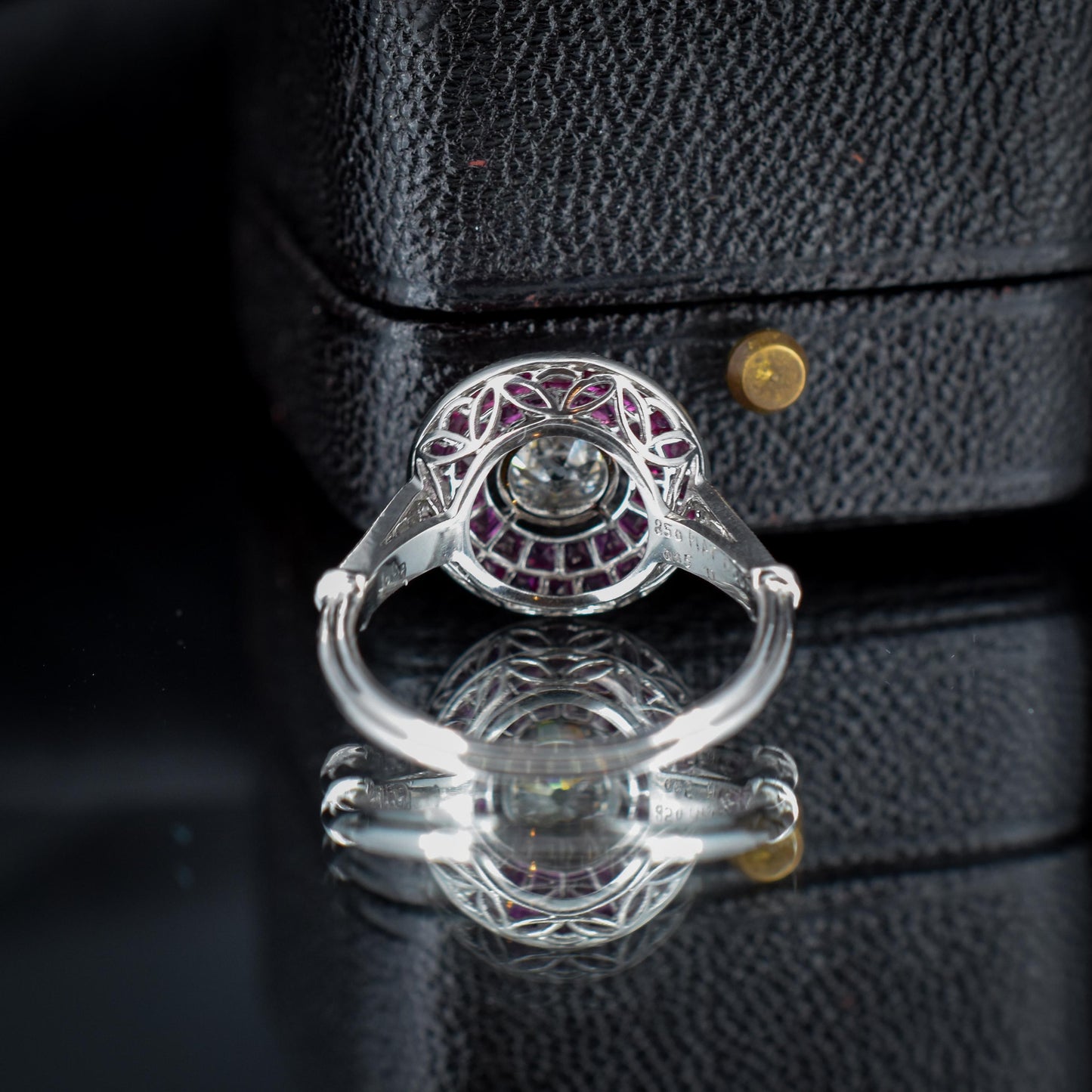 Art Deco Style Ruby and Old Cut Diamond Platinum Target Halo Ring