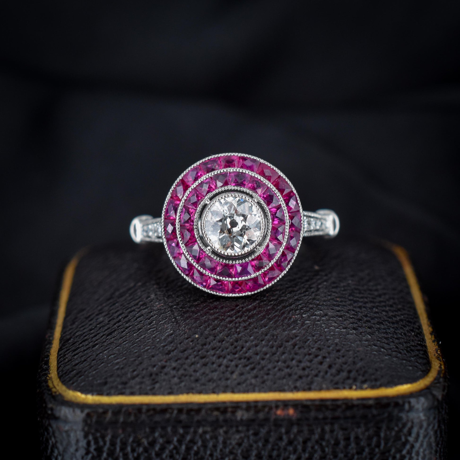 Art Deco Style Ruby and Old Cut Diamond Platinum Target Halo Ring