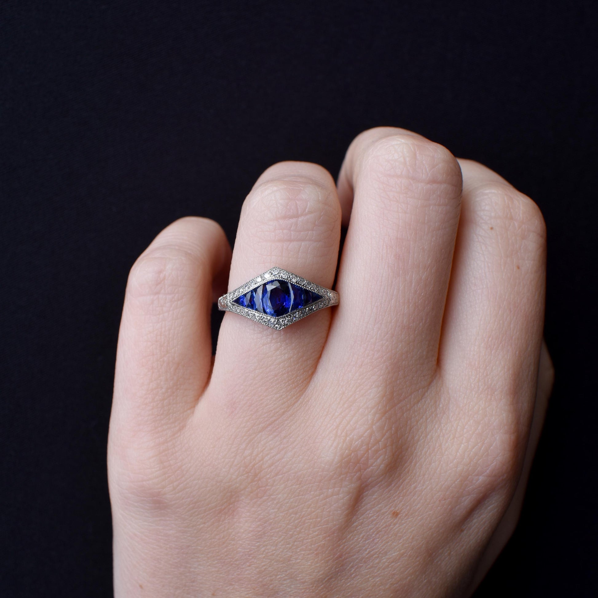 Art Deco Style Blue Sapphire and Diamond Platinum Ring