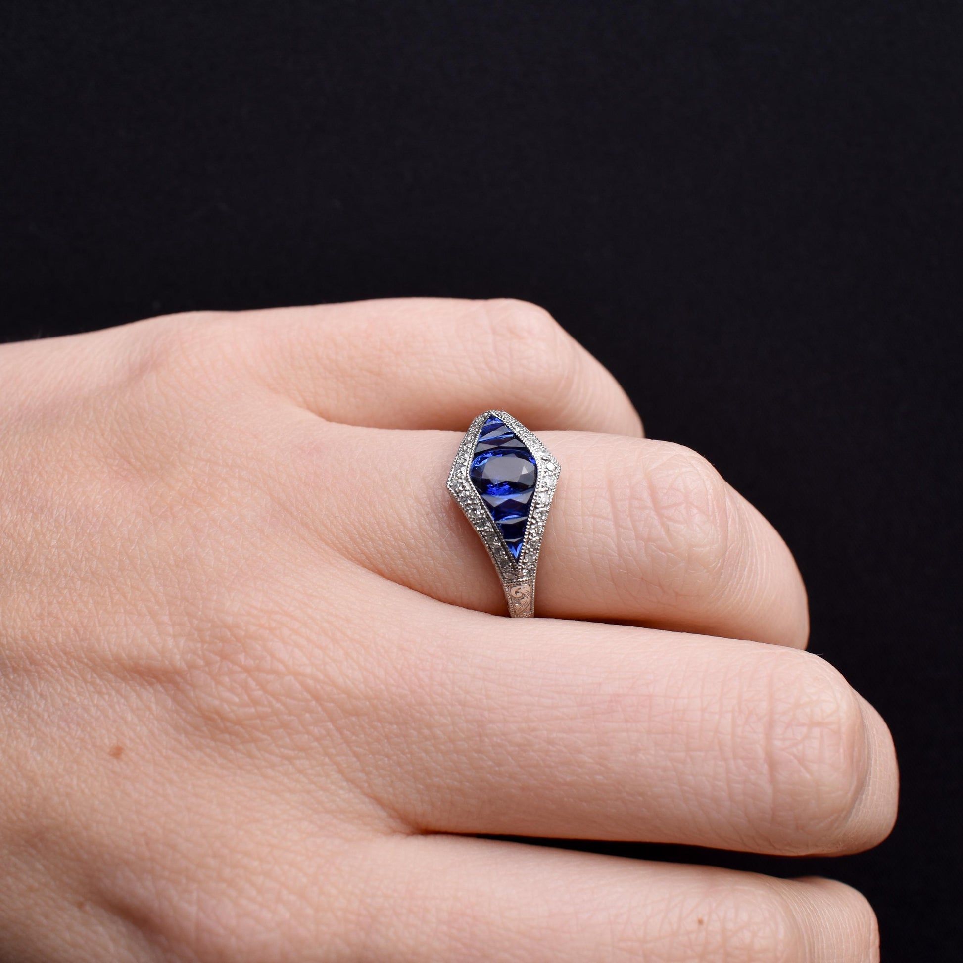 Art Deco Style Blue Sapphire and Diamond Platinum Ring