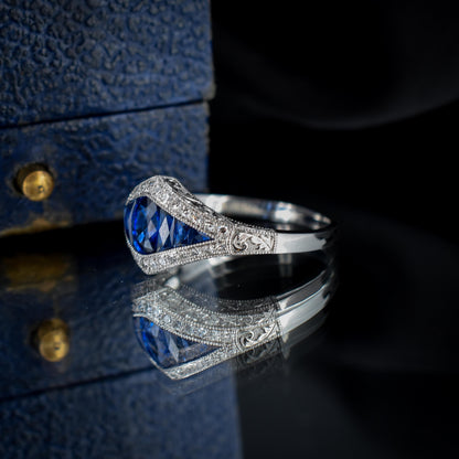 Art Deco Style Blue Sapphire and Diamond Platinum Ring