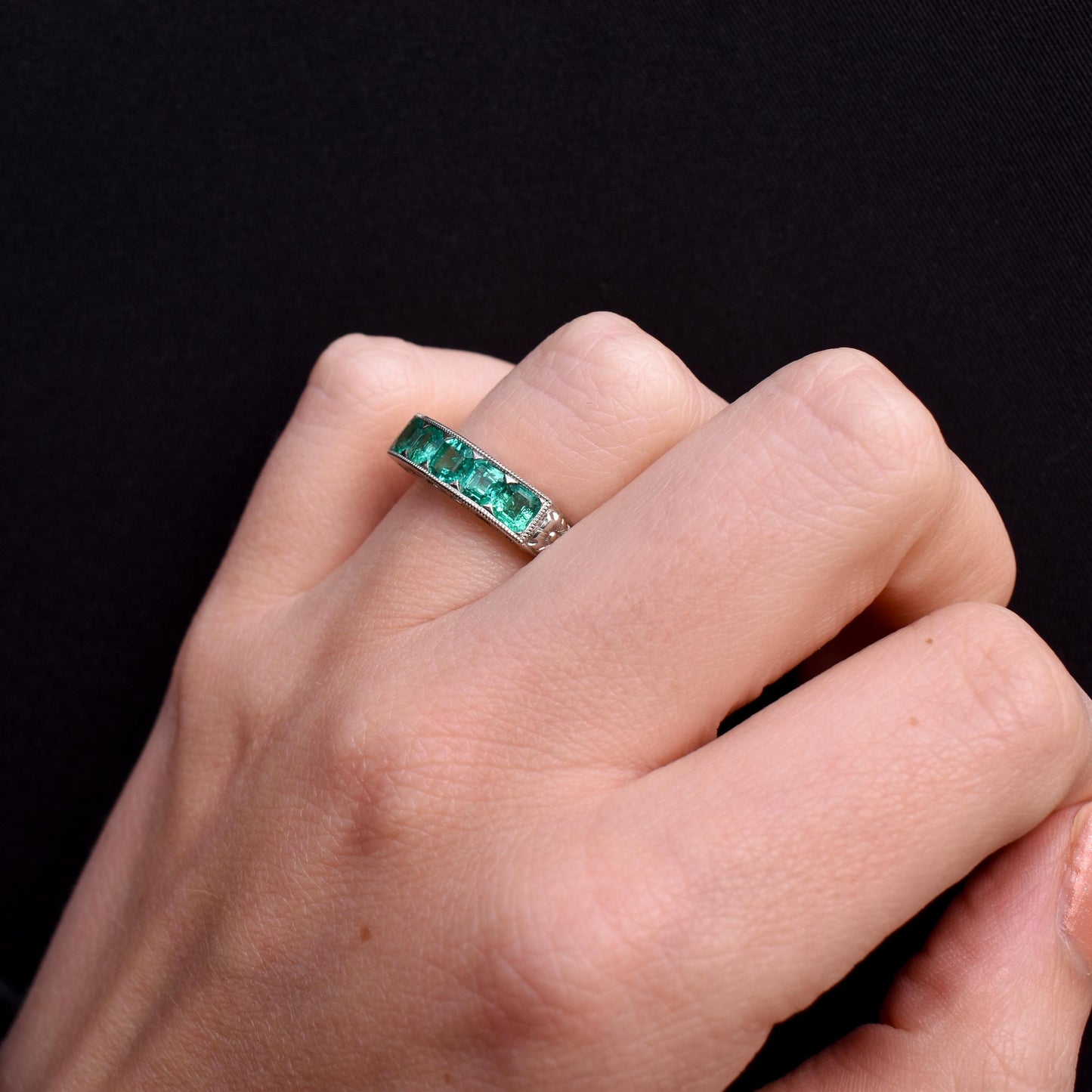 Natural Emerald Five Stone Platinum Band Ring - 0.80ct total