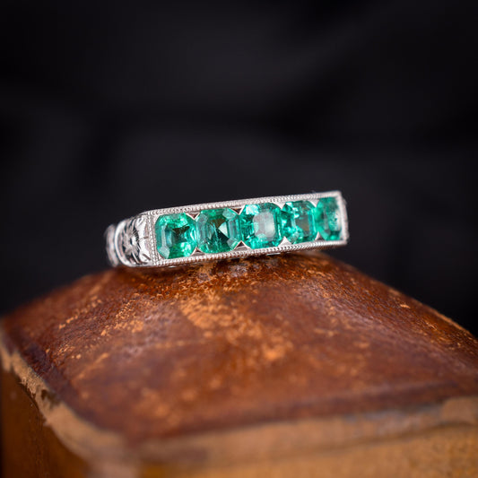 Natural Emerald Five Stone Platinum Band Ring - 0.80ct total