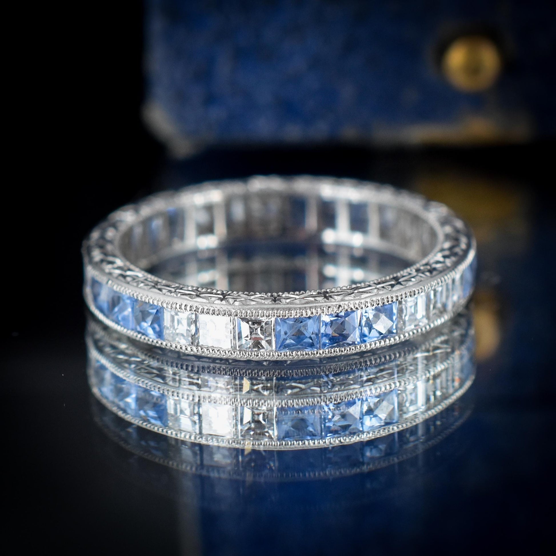 Art Deco Style Diamond and Ceylon Sapphire Platinum Full Eternity Band Ring