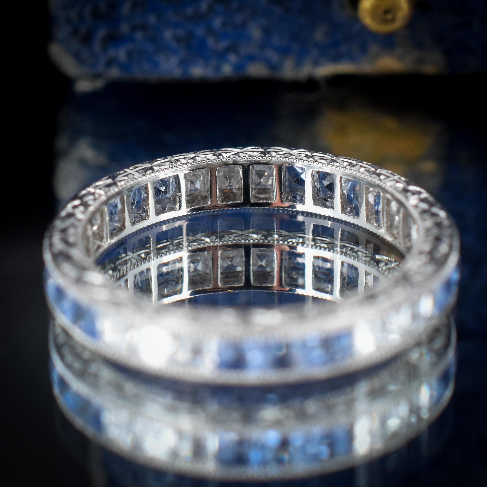 Art Deco Style Diamond and Ceylon Sapphire Platinum Full Eternity Band Ring