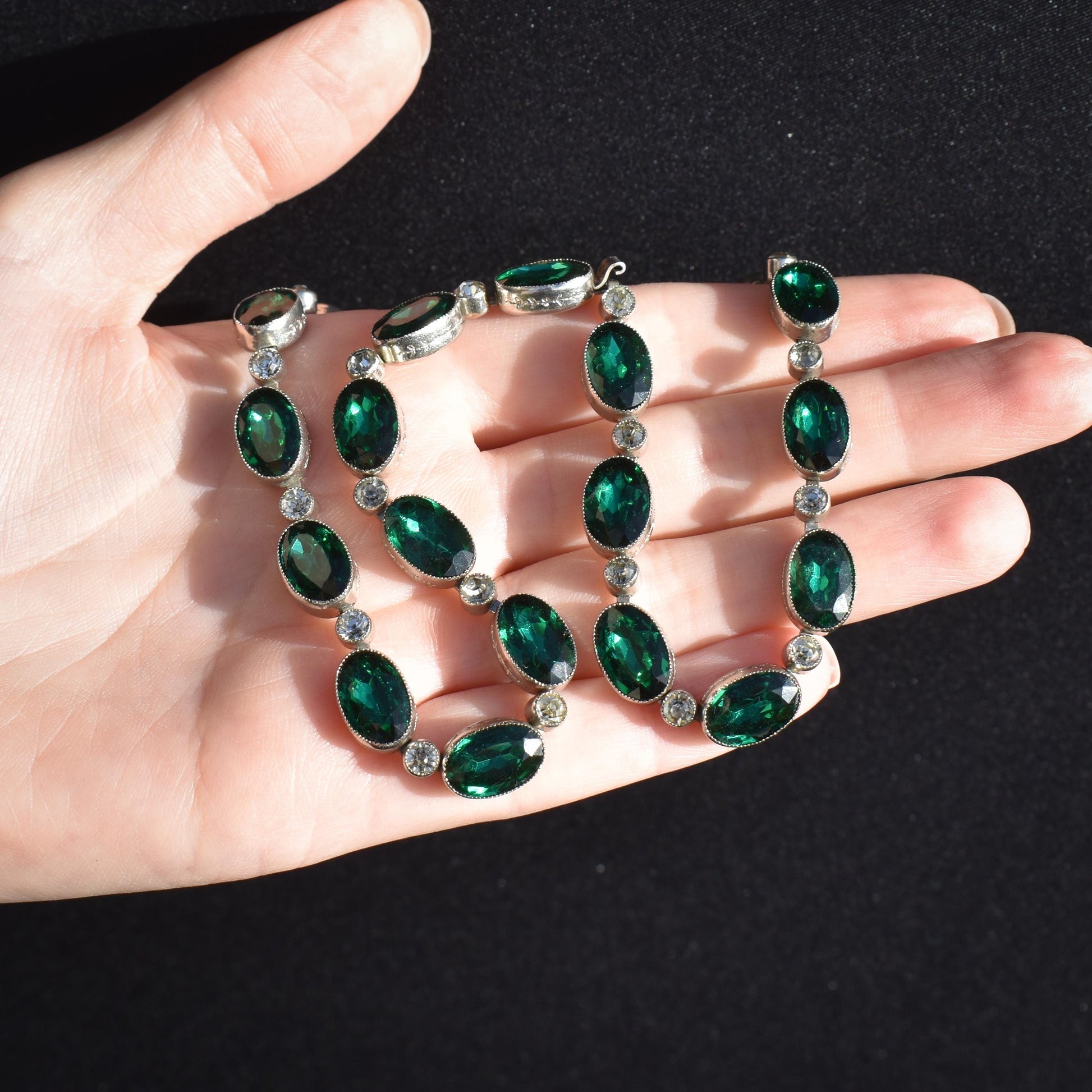 Vintage Green Paste Bezel Set Riviere Necklace | Art Deco