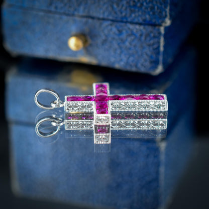 French Cut Ruby Large Cross Platinum Charm Pendant - 1.5ct