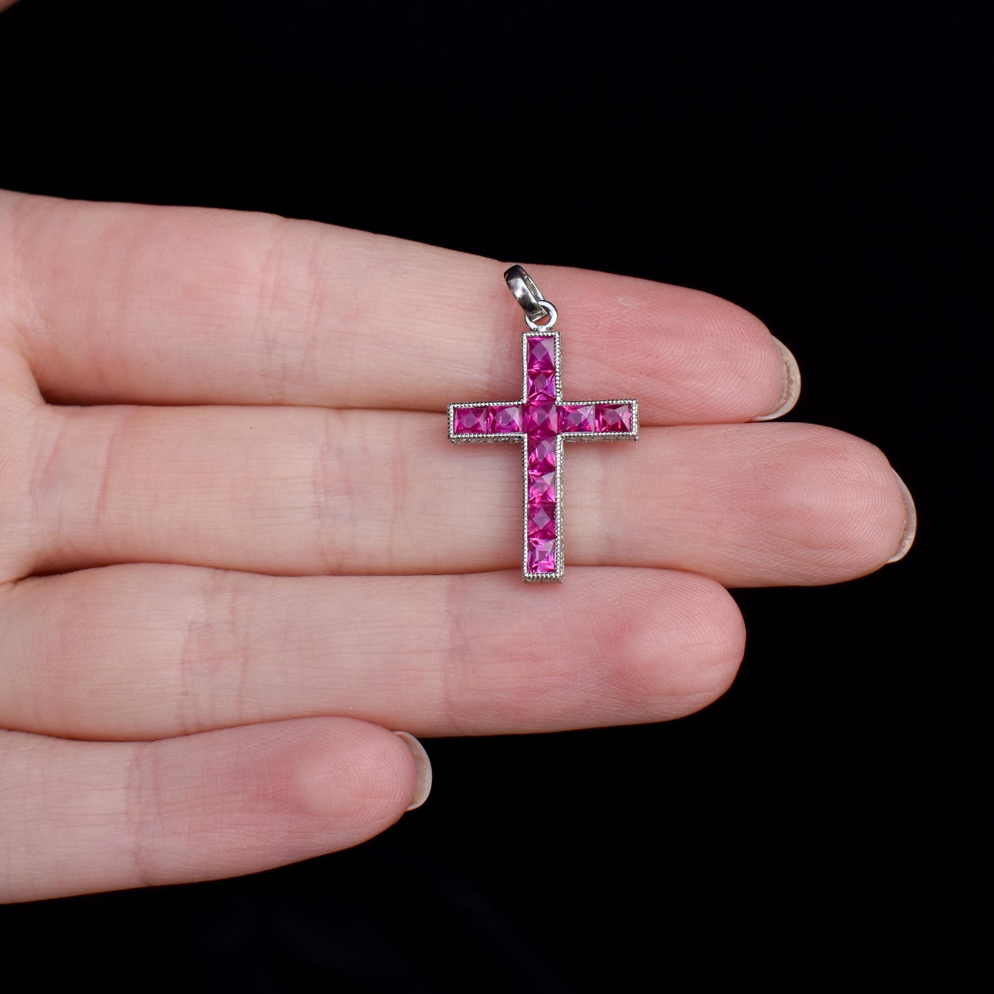 French Cut Ruby Large Cross Platinum Charm Pendant - 1.5ct