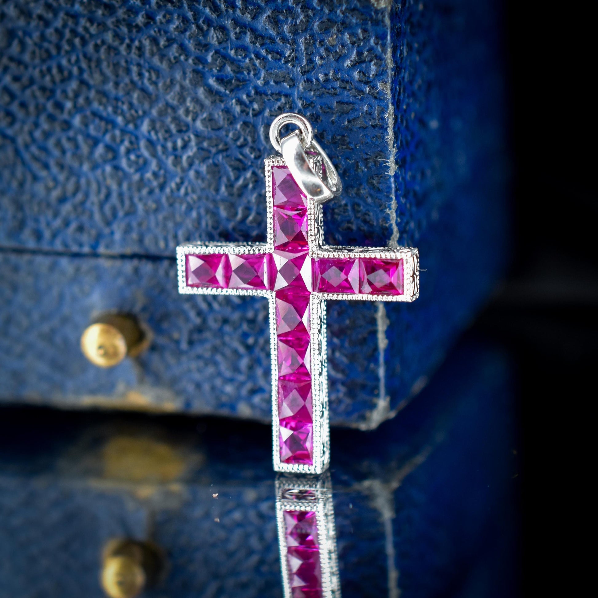 French Cut Ruby Large Cross Platinum Charm Pendant - 1.5ct