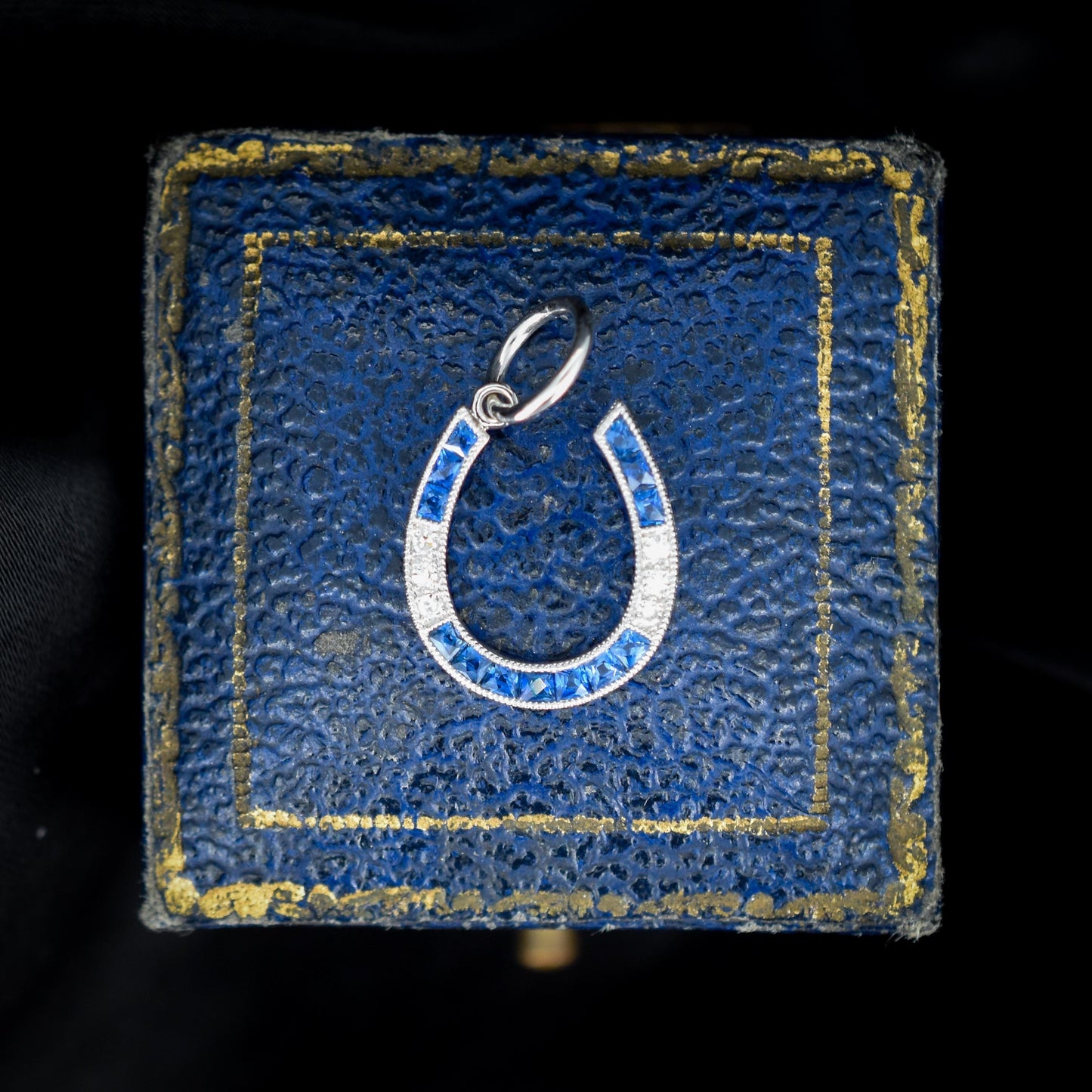 French Cut Sapphire and Diamond Horseshoe Platinum Charm Pendant