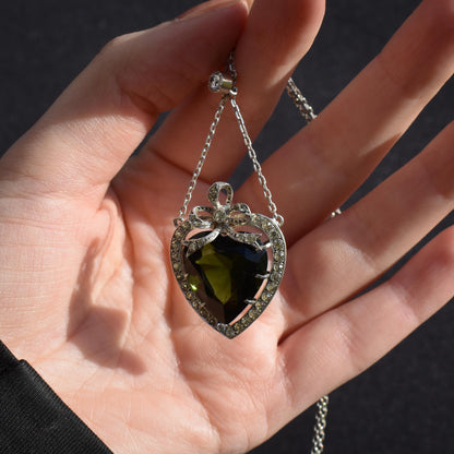 Antique German Green Paste Silver Heart Pendant and Chain Necklace