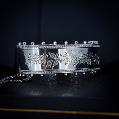 Antique Victorian Sterling Silver Floral Studded Bangle Bracelet | Dated 1884