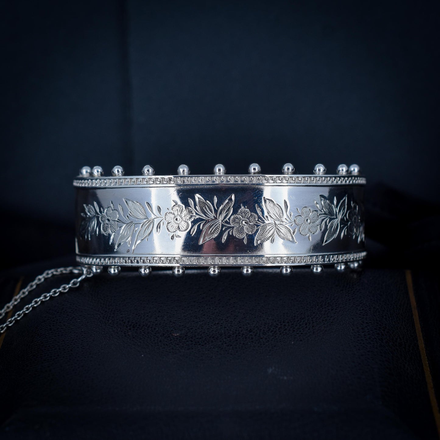 Antique Victorian Sterling Silver Floral Studded Bangle Bracelet | Dated 1884