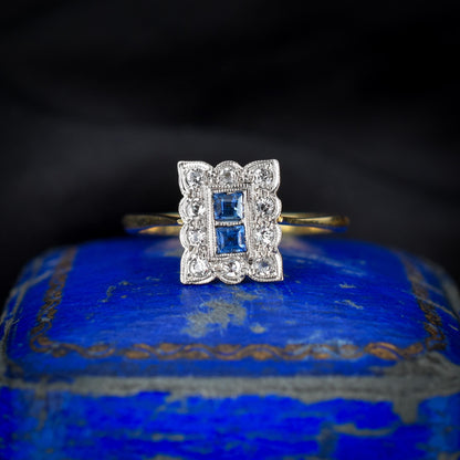 Art Deco Blue Sapphire and Diamond Halo 18ct Yellow Gold and Platinum Ring | Chester 1930